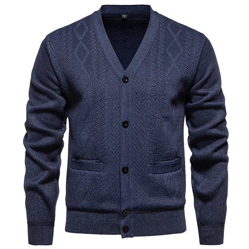 Men's brown striped cardigan sweater with wool lining shown on a model.
