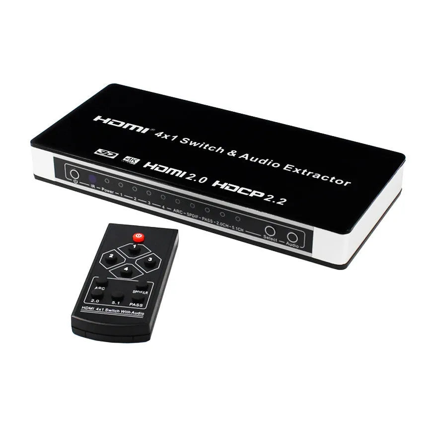 Black 4-port HDMI input switch with remote control on a table