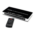 Black 4-port HDMI input switch with remote control on a table