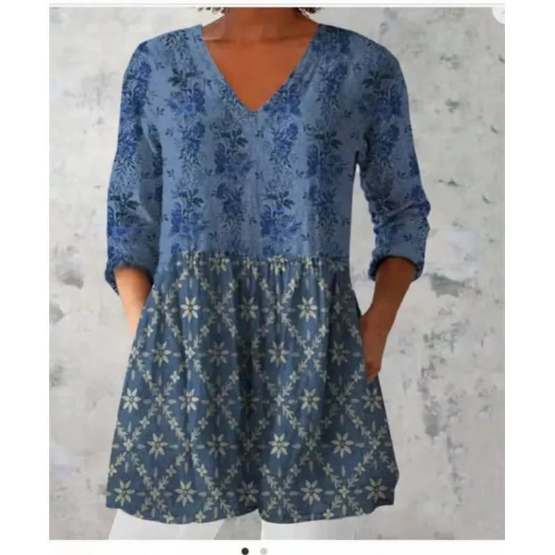Women's printed loose dress with wave pattern, wide waist, and 3/4 sleeves in polyester fabric