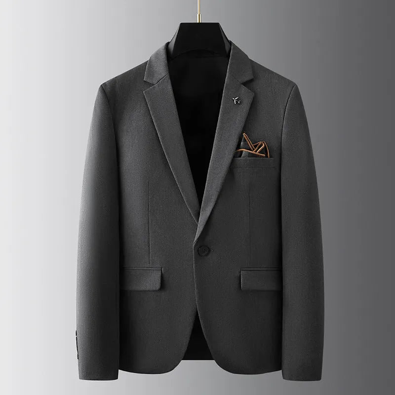 Men's slim fit three-piece suit set in dark gray viscose polyester, showing jacket, waistcoat and trousers