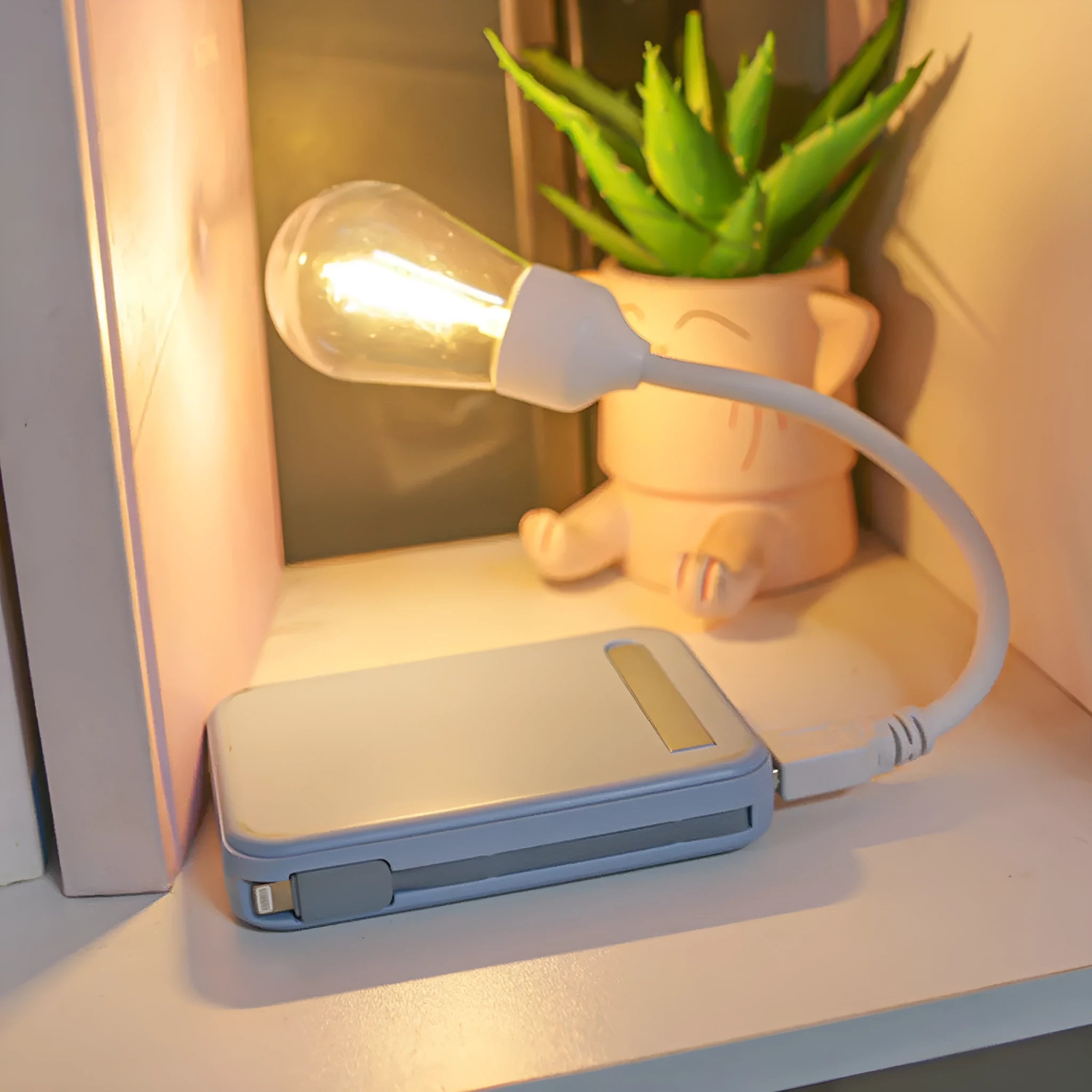 USB rechargeable folding night light with tungsten filament LED bulb in folded and unfolded positions