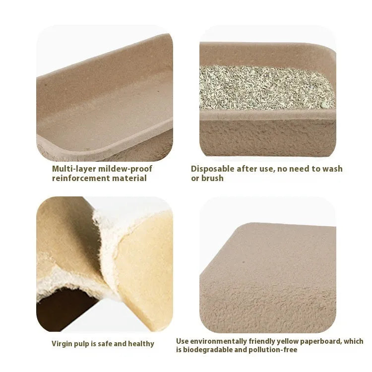 Brown disposable cat litter box showing three size options with waterproof biodegradable materials