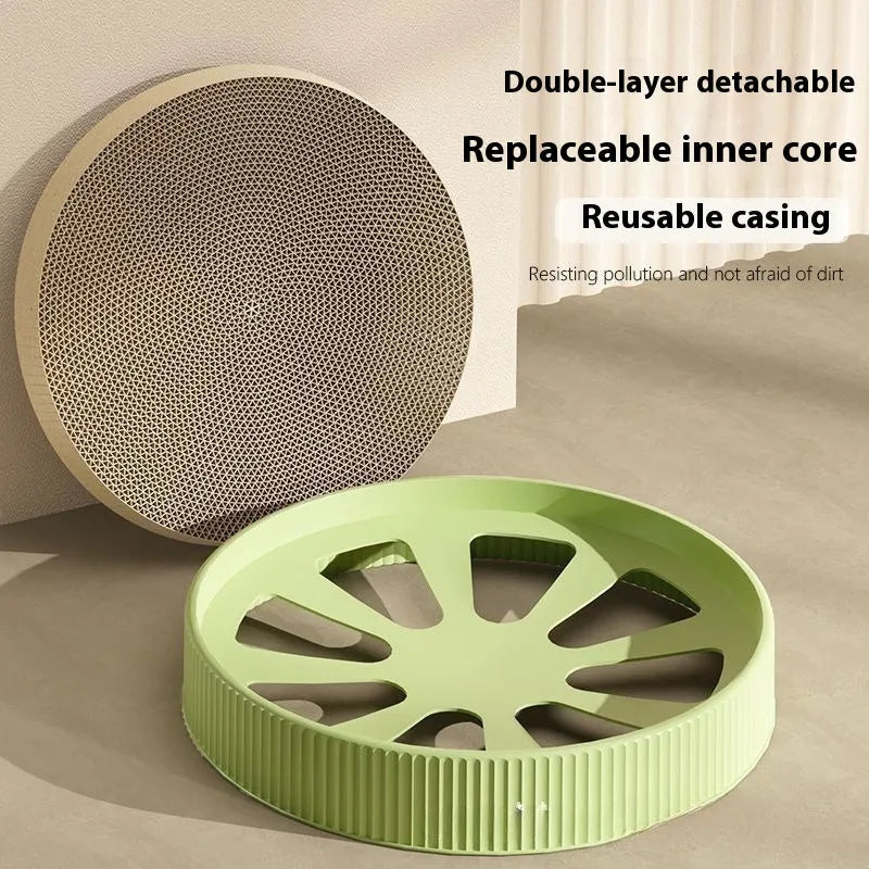 55cm round green cat scratching board with replaceable corrugated paper centre and cat nest design
