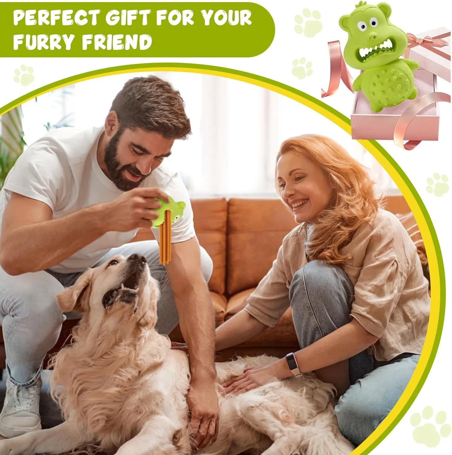 Green and yellow natural rubber squeaky dog toy for aggressive chewers