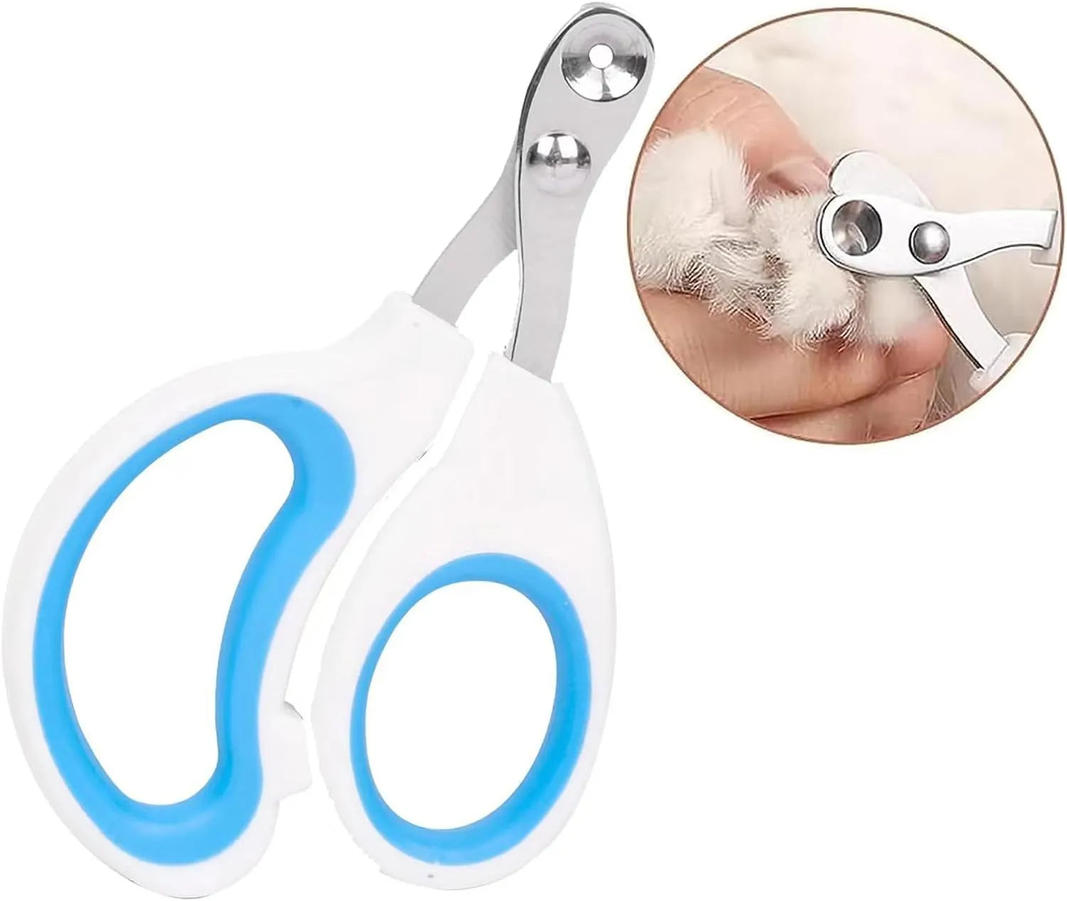 Blue pet nail clippers with a circular cutting hole and cushioned non-slip handle.