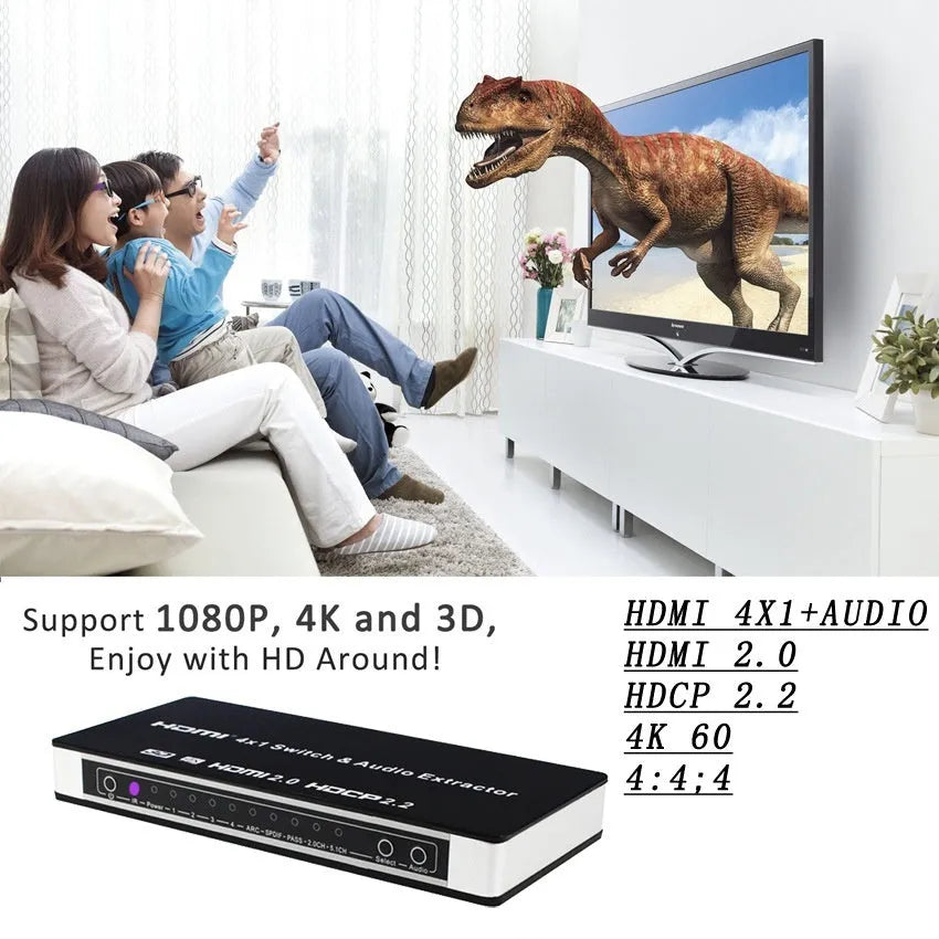 Black 4-port HDMI input switch with remote control on a table
