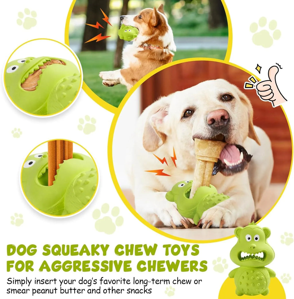 Green and yellow natural rubber squeaky dog toy for aggressive chewers