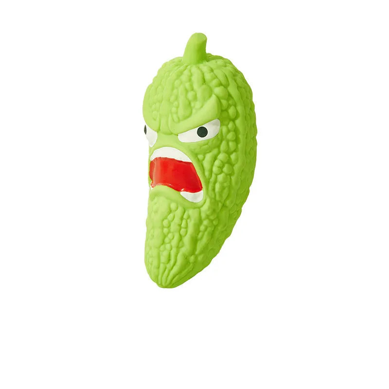 Natural rubber bitter melon and chilli shaped dog chew toys with textured grinding teeth surfaces for dental cleaning