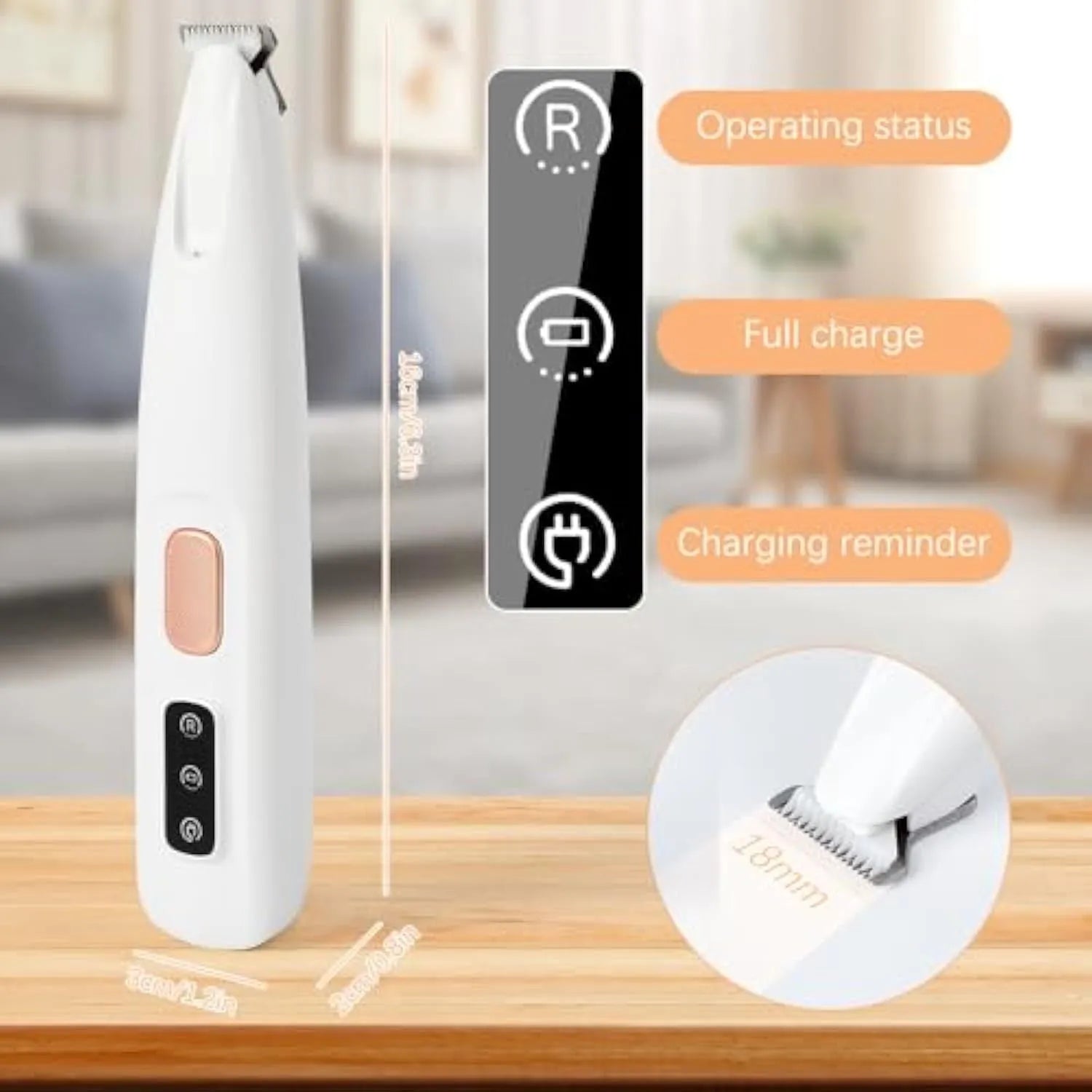 White electric dog paw trimmer with LED light showing compact 17.7cm design