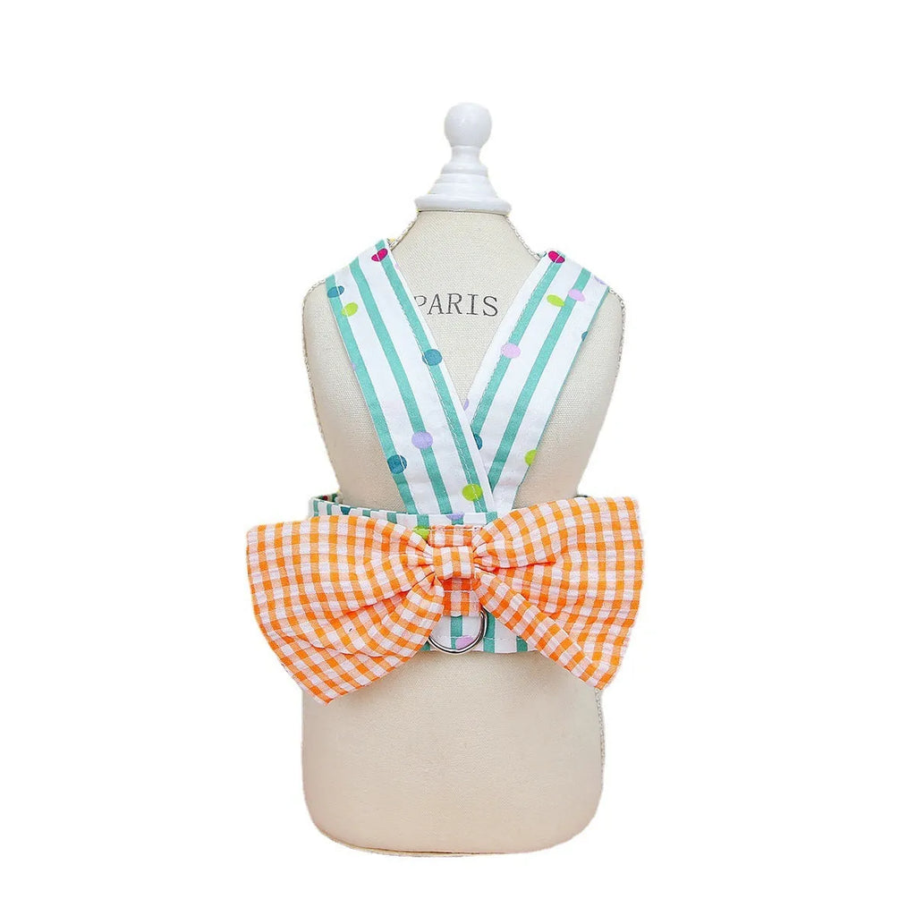 Pet clothing vertical bar bow chest back cotton dog vest shirt with leash green stripes
