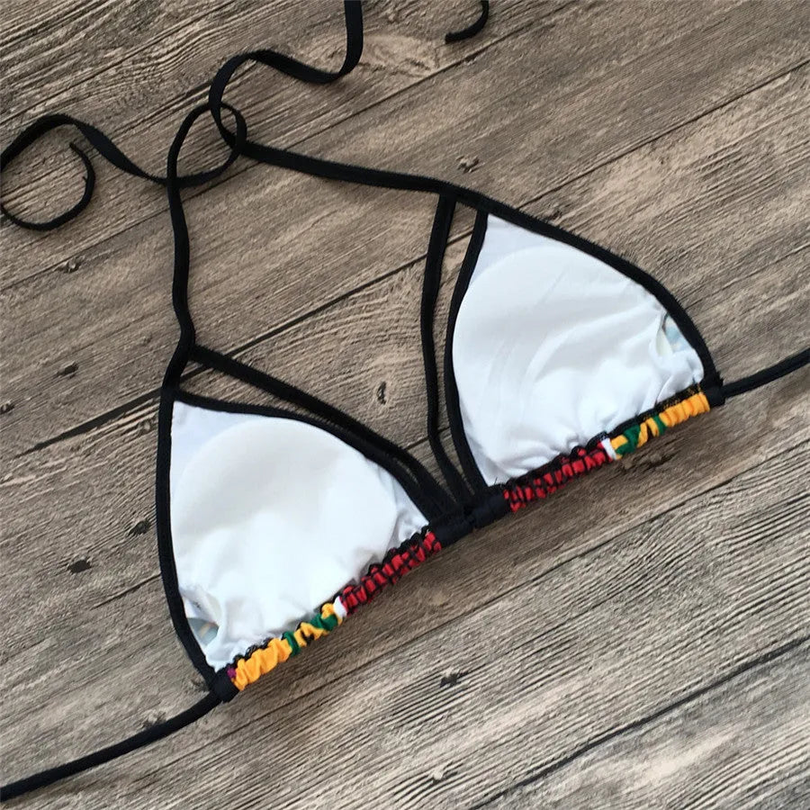 Women's high-waisted split bikini swimsuit with digital printing and backless design