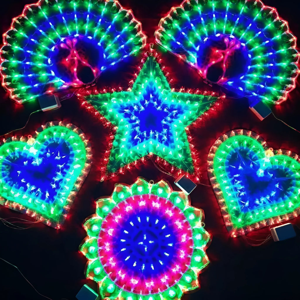 Outdoor Christmas decorative string lights with peacock lamp, love heart, sunflower, and five-pointed star shapes