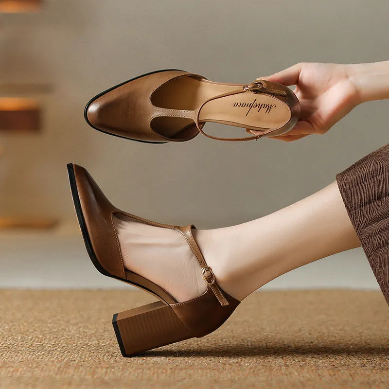 Baotou hollow women's shoes in pink and dark brown, showing pointed toe Mary Jane style with buckle.