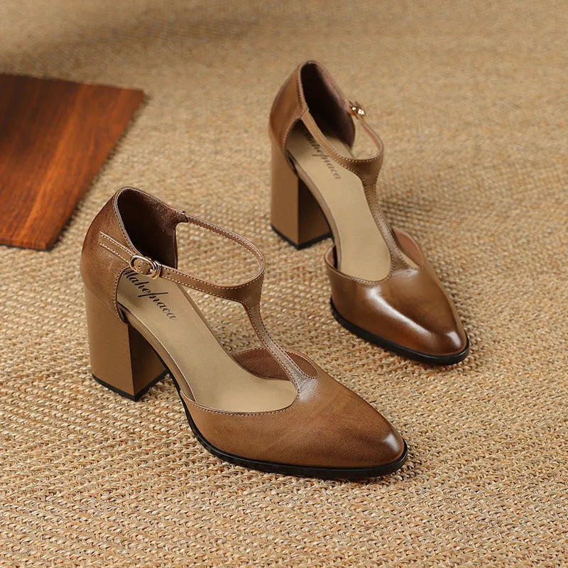 Baotou hollow women's shoes in pink and dark brown, showing pointed toe Mary Jane style with buckle.