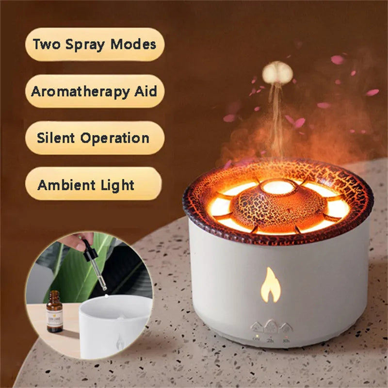 Ultrasonic aromatherapy diffuser with volcano flame lamp simulation, 350ml capacity, blue flame bead colour