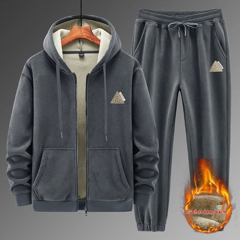 Men's grey casual sports suit with hooded sweater and matching trousers for cold weather wear