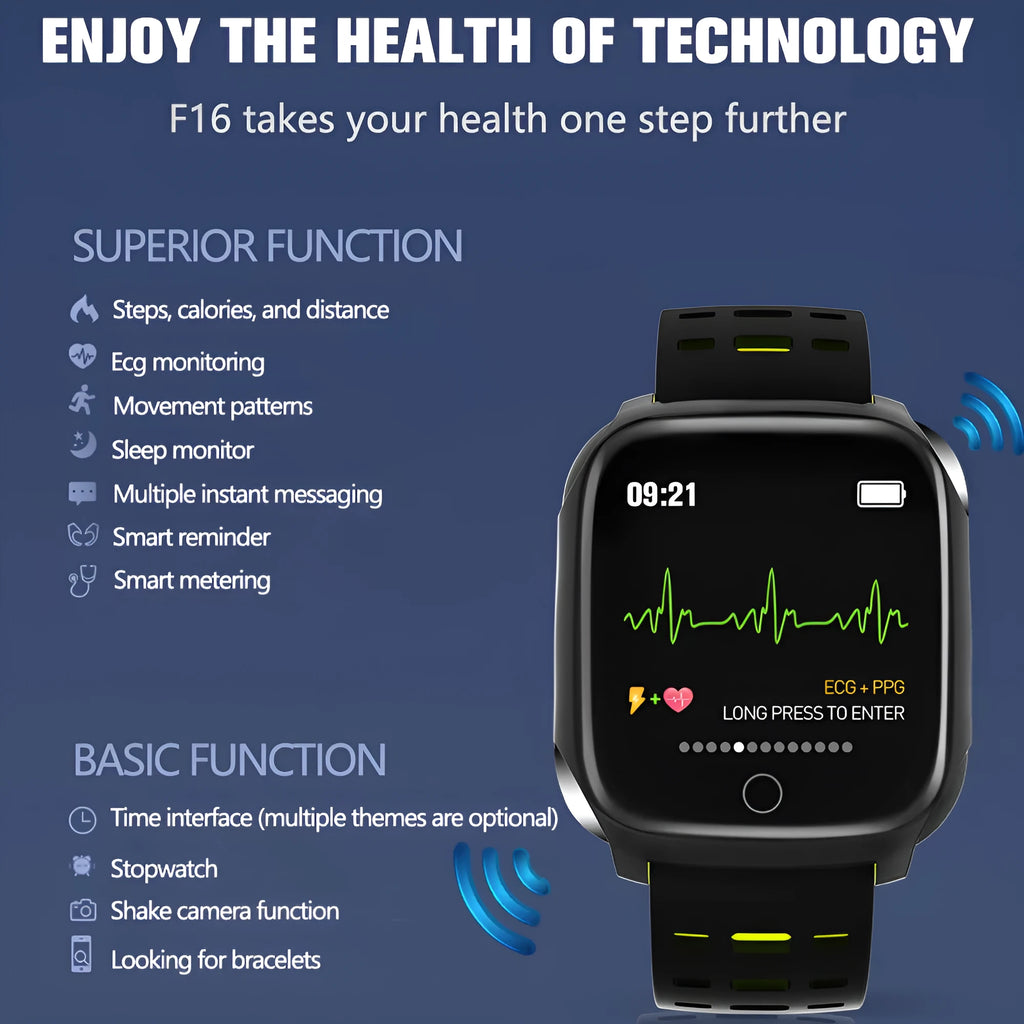 F16 Smart Watch with ECG monitoring on a silicone wristband in black, grey, green or red colour options.