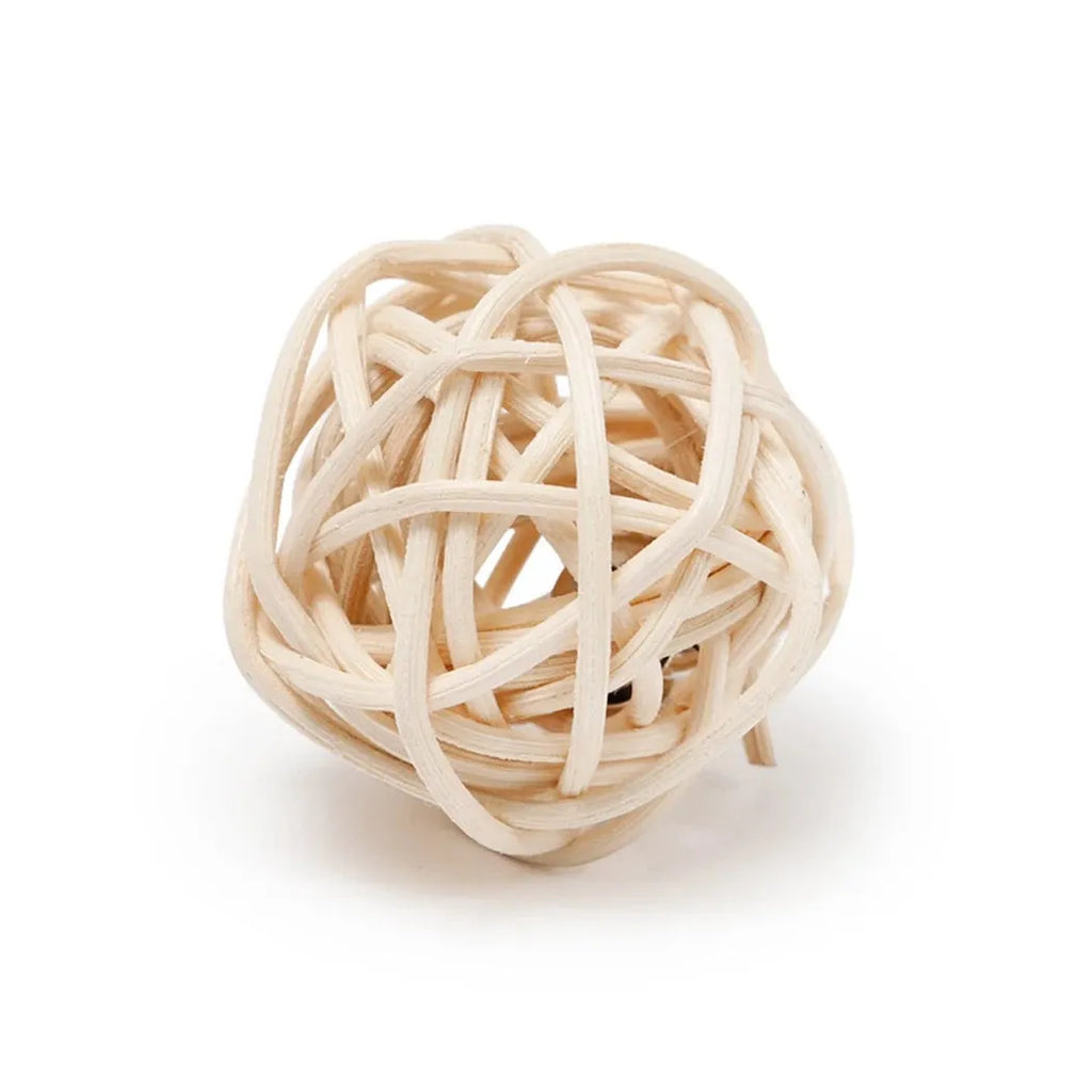 Two cat toys: hollow rattan ball and faux feather bell ball for interactive pet play.