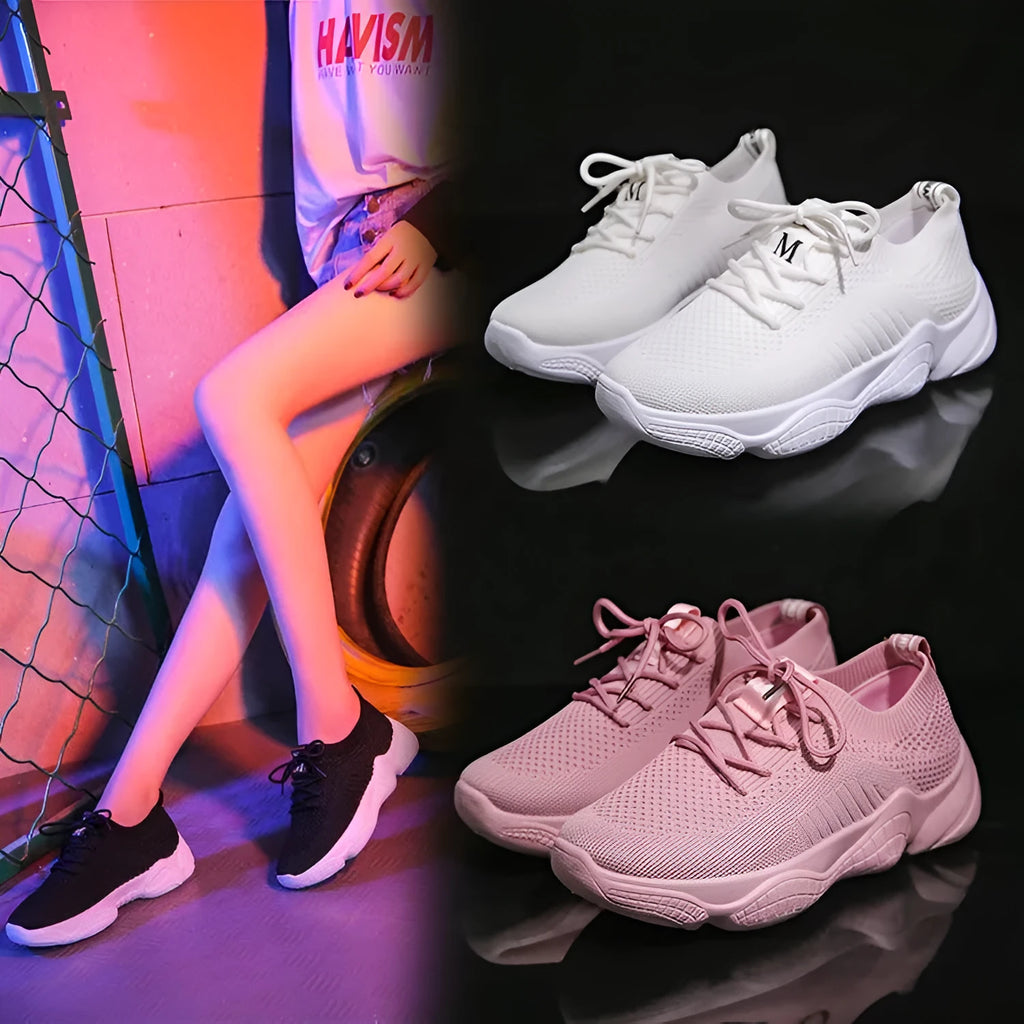 Women's white thick-soled sports shoes with woven upper, front strap, and rubber sole in multiple colour options