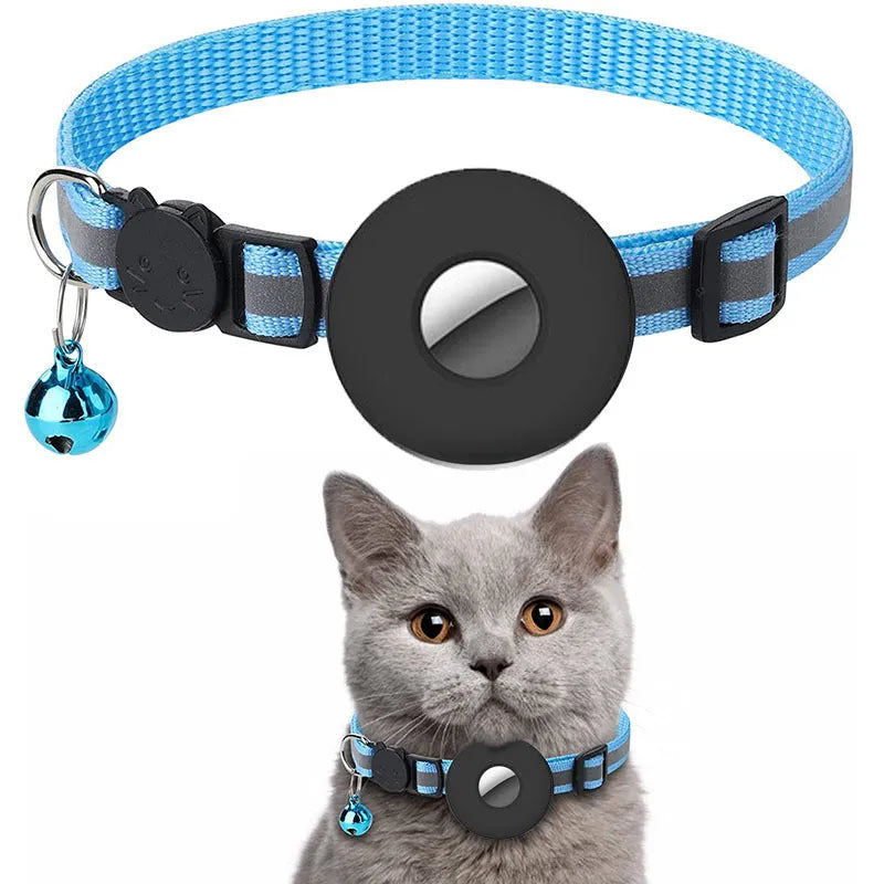 Reflective nylon Airtag collar with bell and safety buckle, adjustable 22-35 cm for cats and small dogs