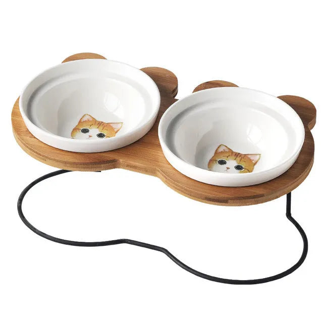 Ceramic cat bowl holder with raised rack in grey cat colour