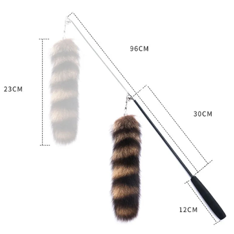 Black cat toy wand with feather attachment and elastic string for interactive play