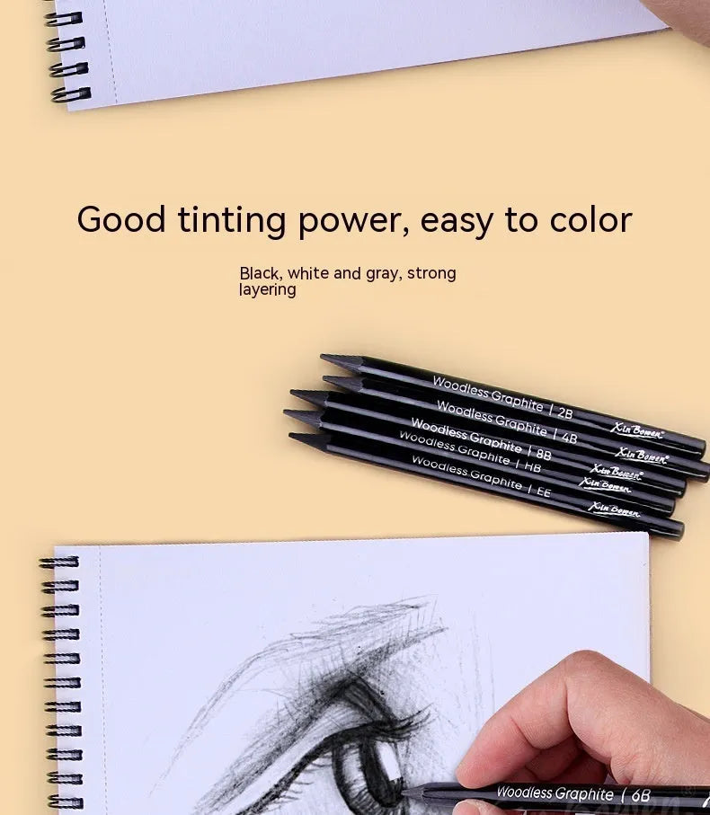 Wood-free graphite sketching pencil set showing six different grade pencils for art drawing