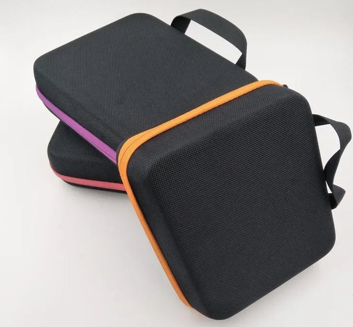 Red EVA essential oil storage bag with 30 compartments for 15ml bottles showing cube shape and zipper closure