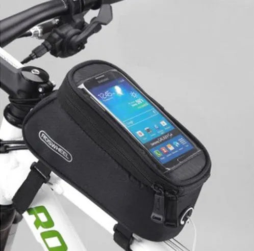 ROSWHEEL black waterproof PVC bicycle frame bag mounted on a bike, holding a mobile phone.