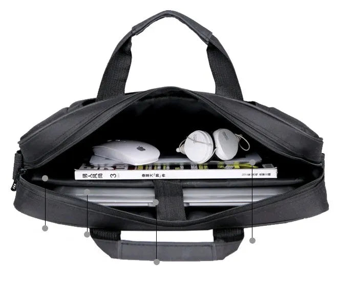 Black polyester diagonal shoulder laptop bag for 15 to 15.6 inch ASUS laptops with multiple internal pockets