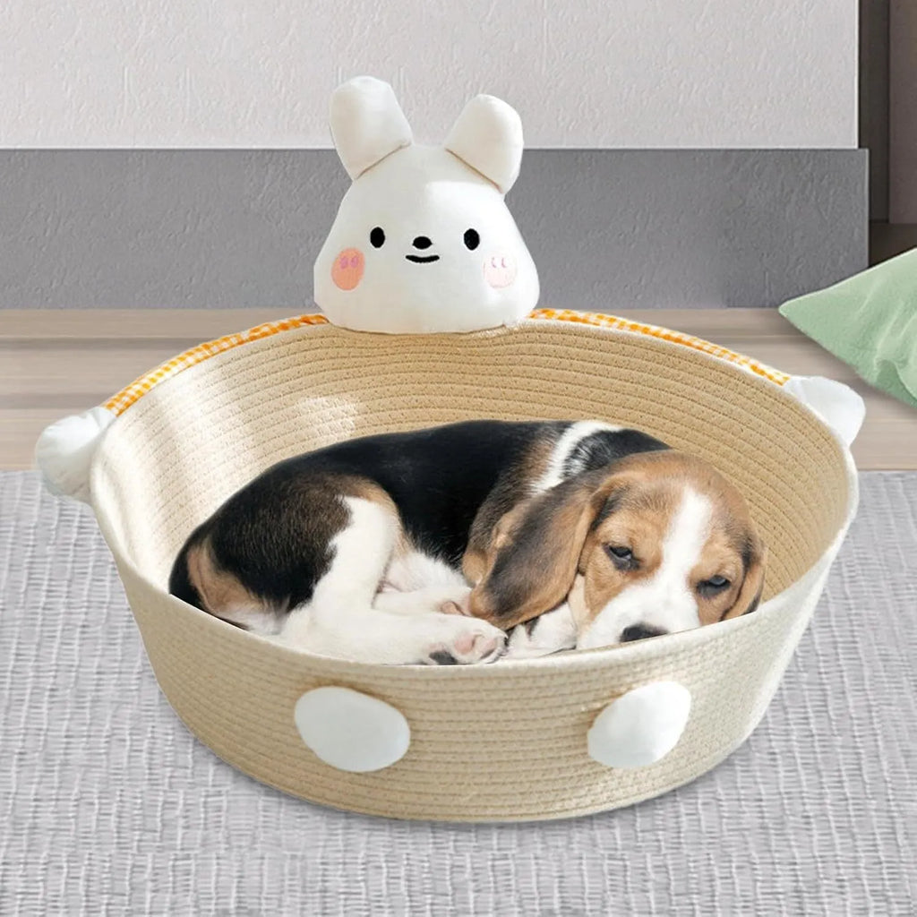 Cotton rope woven basket cat bed with integrated scratching surface, shown in bear design.