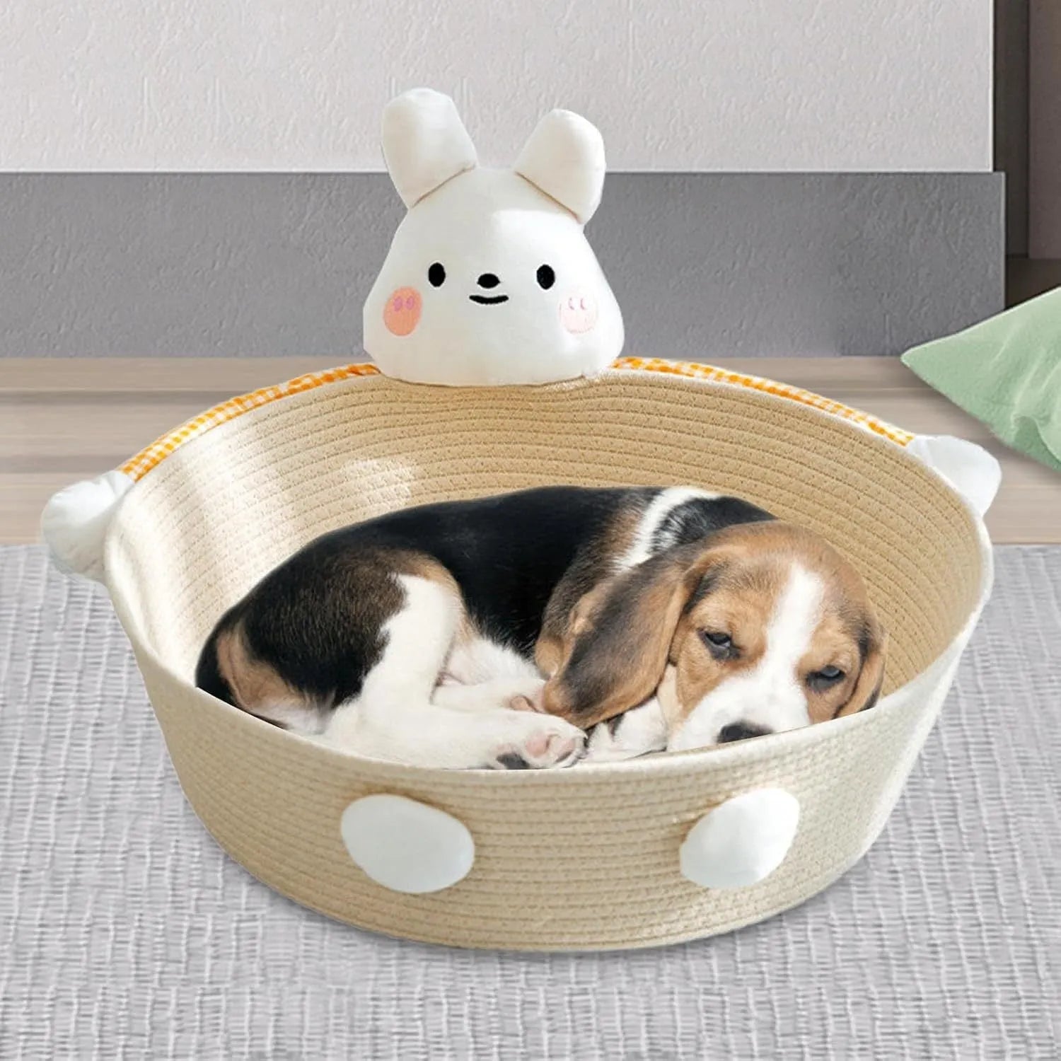 Cotton rope woven basket cat bed with integrated scratching surface, shown in bear design.