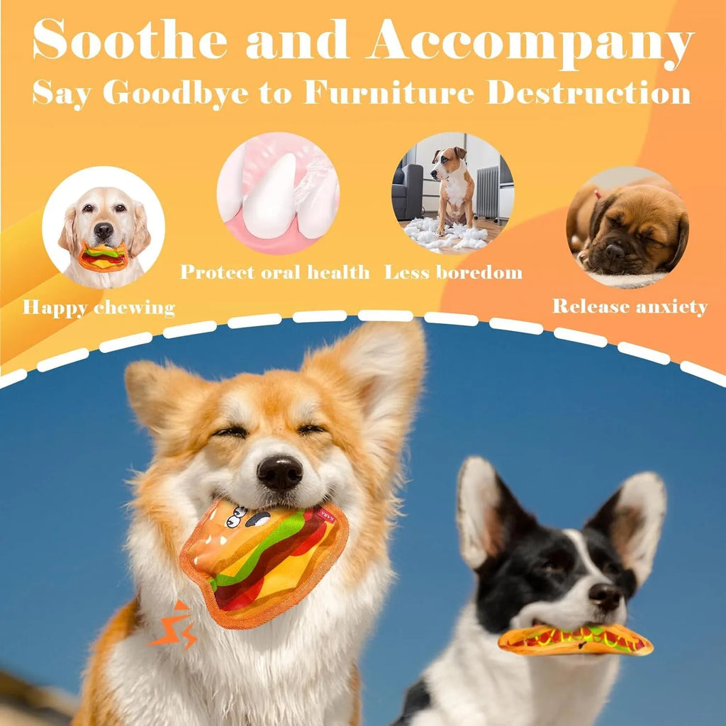 Colourful hamburger, fries, hot dog, and pizza shaped crinkle and squeaky dog toys