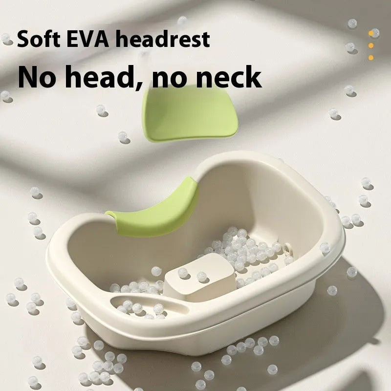Light pink plastic shampoo basin for bed use with head pad, neck pillow, and water pump on bed