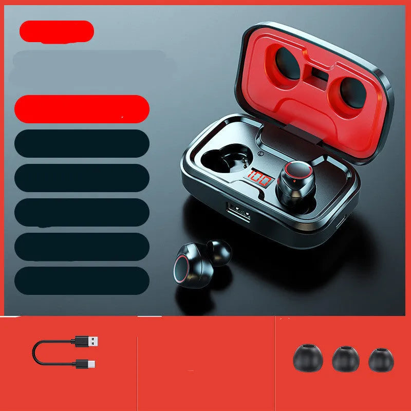 Wireless Bluetooth 5.0 earphones in black, blue, and red colours showing in-ear private mold design