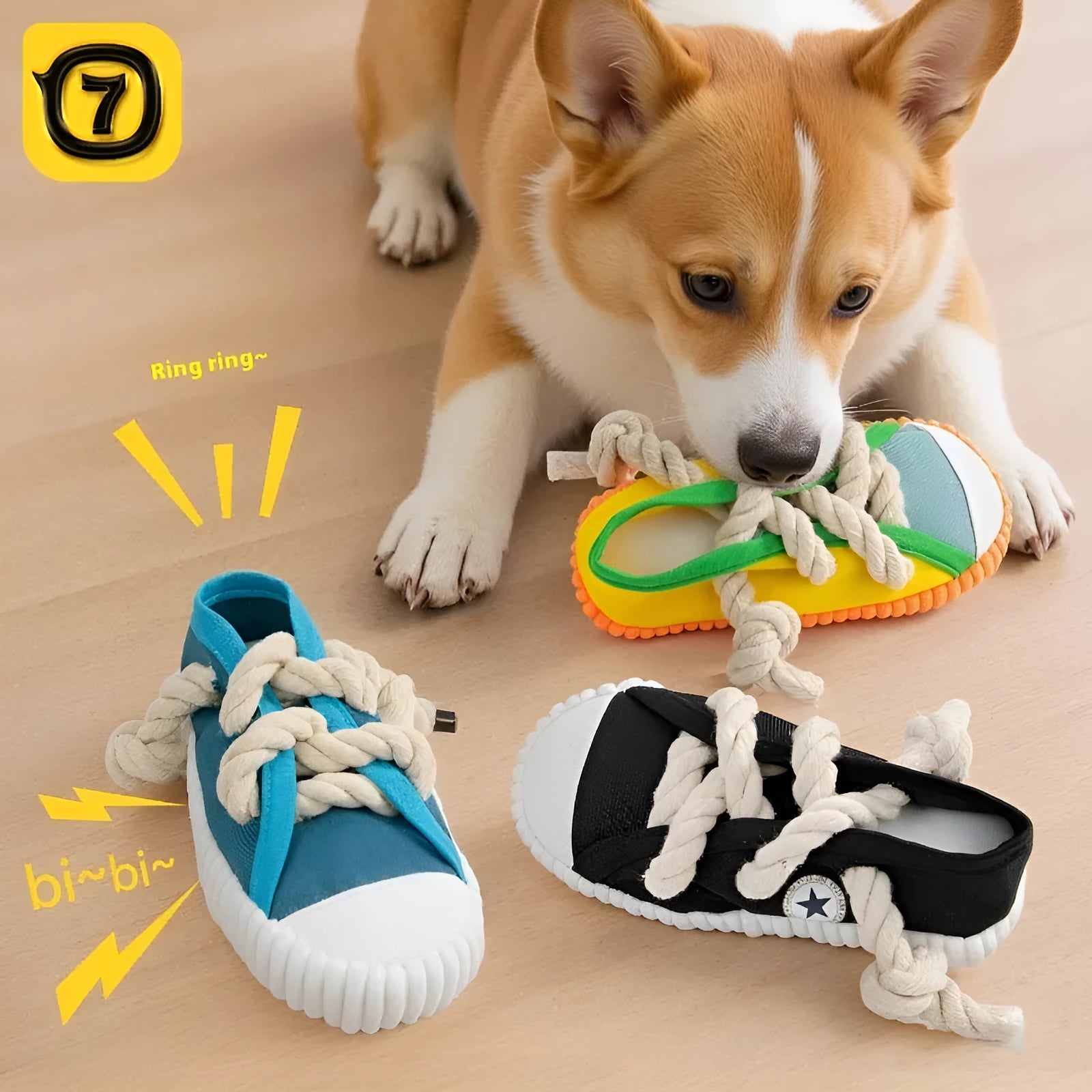 Plastic dog slippers toy in rock yellow, black, and sea fog blue colours with sound feature.