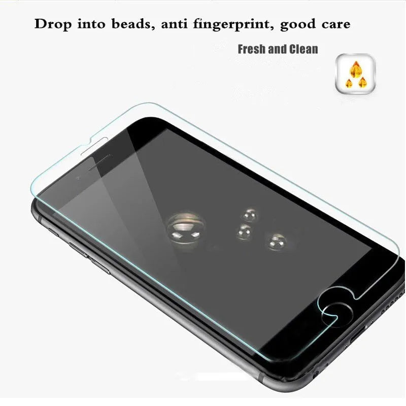 Tempered glass screen protector with 9H hardness and oleophobic coating for smartphones.