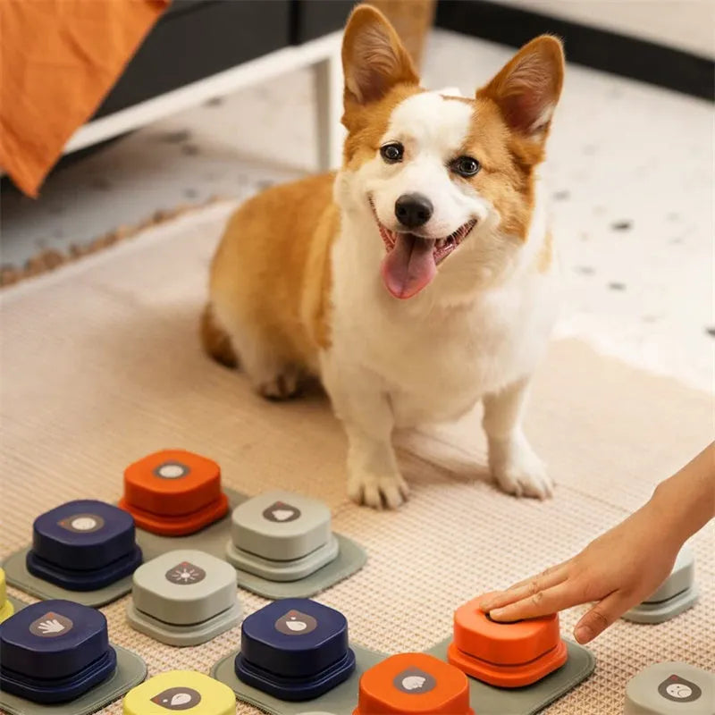 Pet communication button in orange, blue, grey, and yellow with optional 4-grid mat