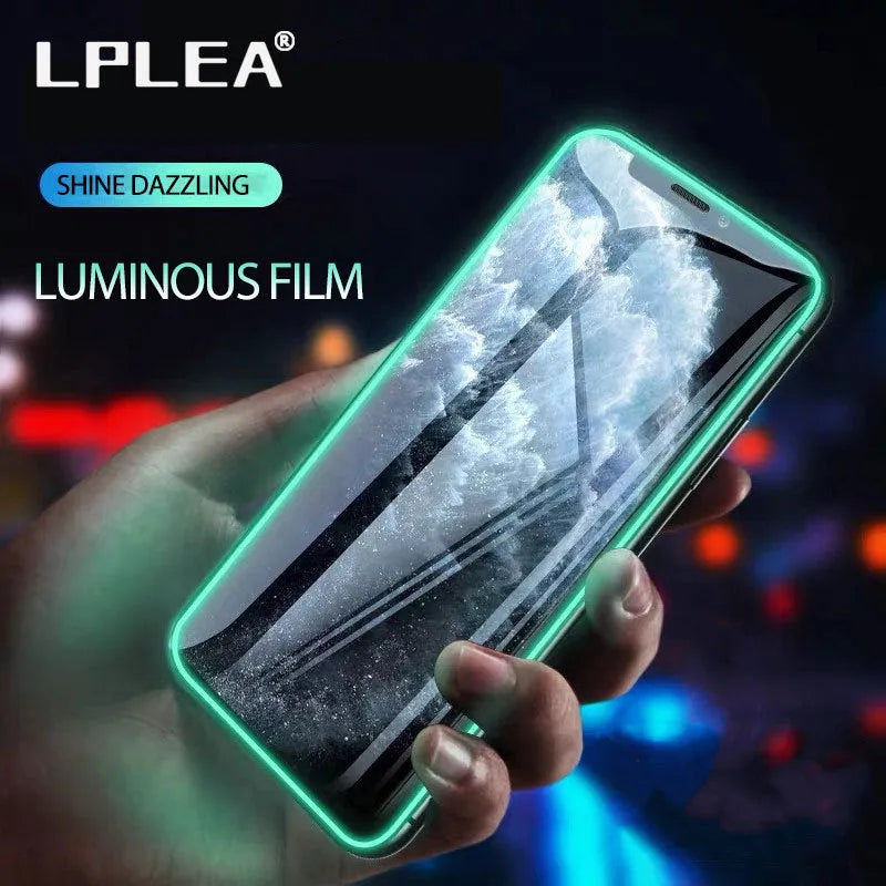 Luminous tempered glass screen protector for iPhone showing glow feature in dark setting