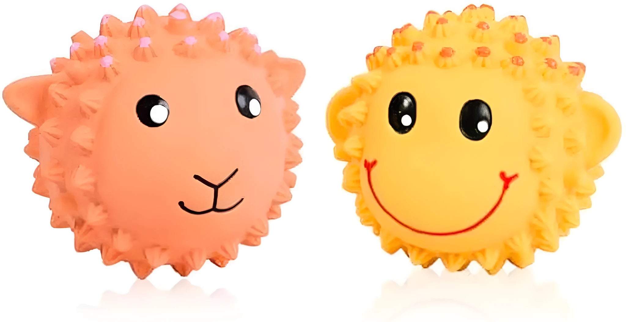 Orange and yellow spiky latex dog toy with animal design for small medium breed teeth cleaning