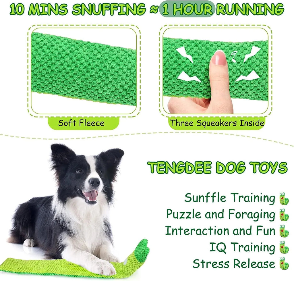 Velvet dog puzzle toy with squeaker in transformable snail and stick shapes for foraging training
