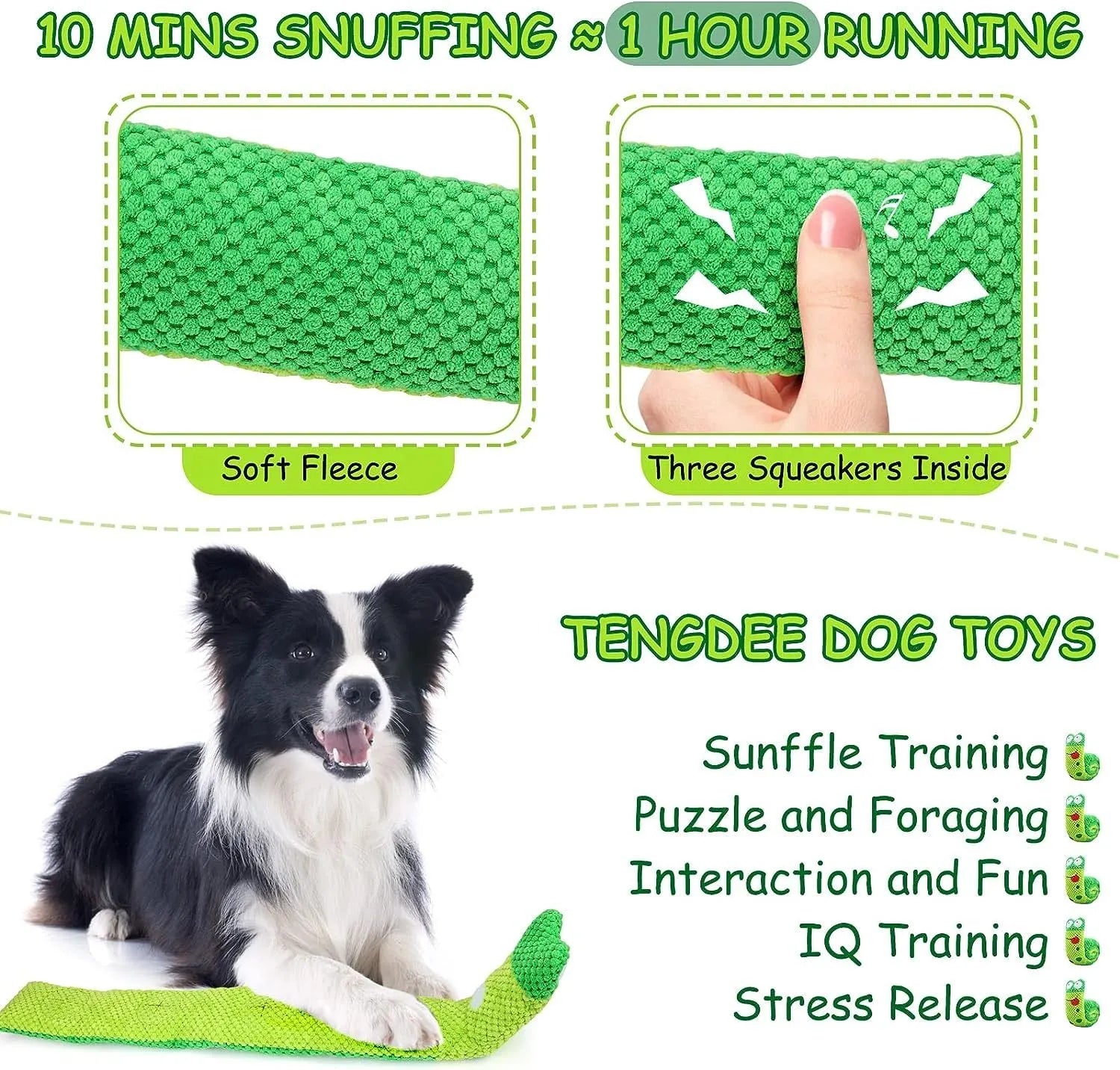 Velvet dog puzzle toy with squeaker in transformable snail and stick shapes for foraging training