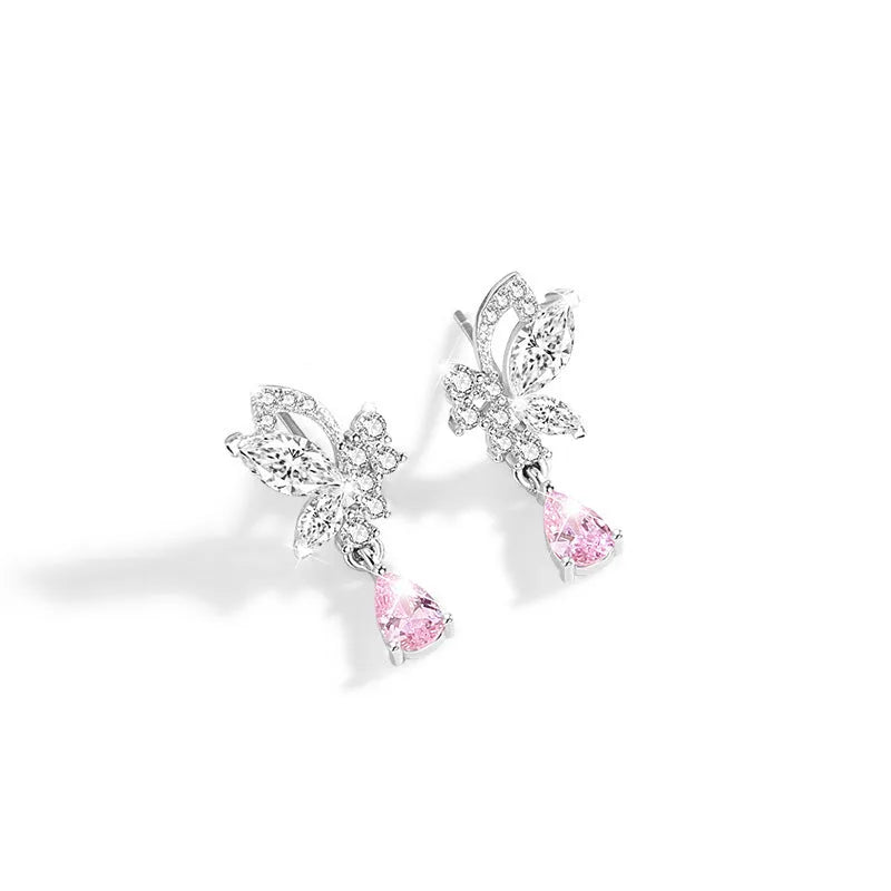 A pair of women's sterling silver stud earrings with a butterfly design and clear crystal accents.