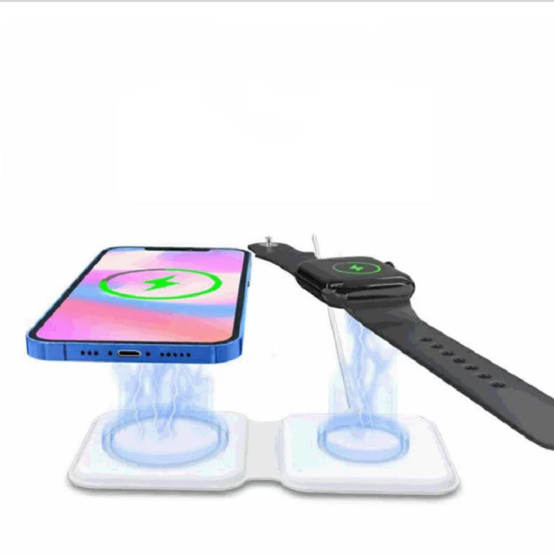 White folding dual magnetic wireless charger with 180-degree adjustable stand