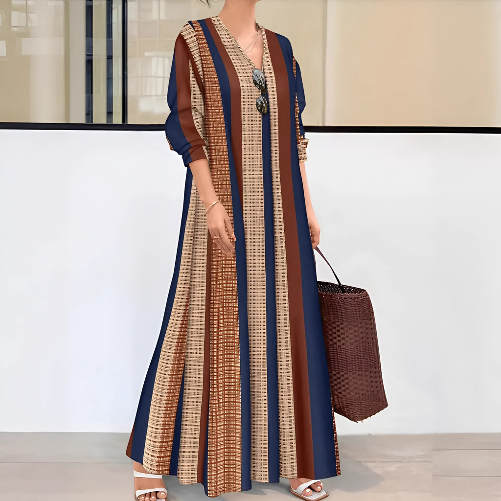 Camel coloured vertical striped V-neck long dress with A-line skirt silhouette