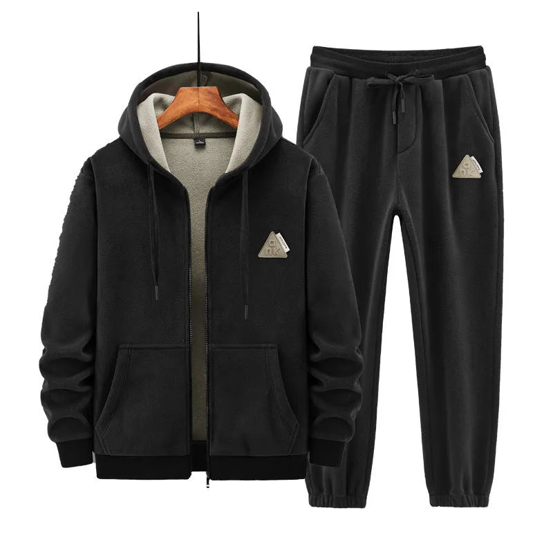 Men's grey casual sports suit with hooded sweater and matching trousers for cold weather wear