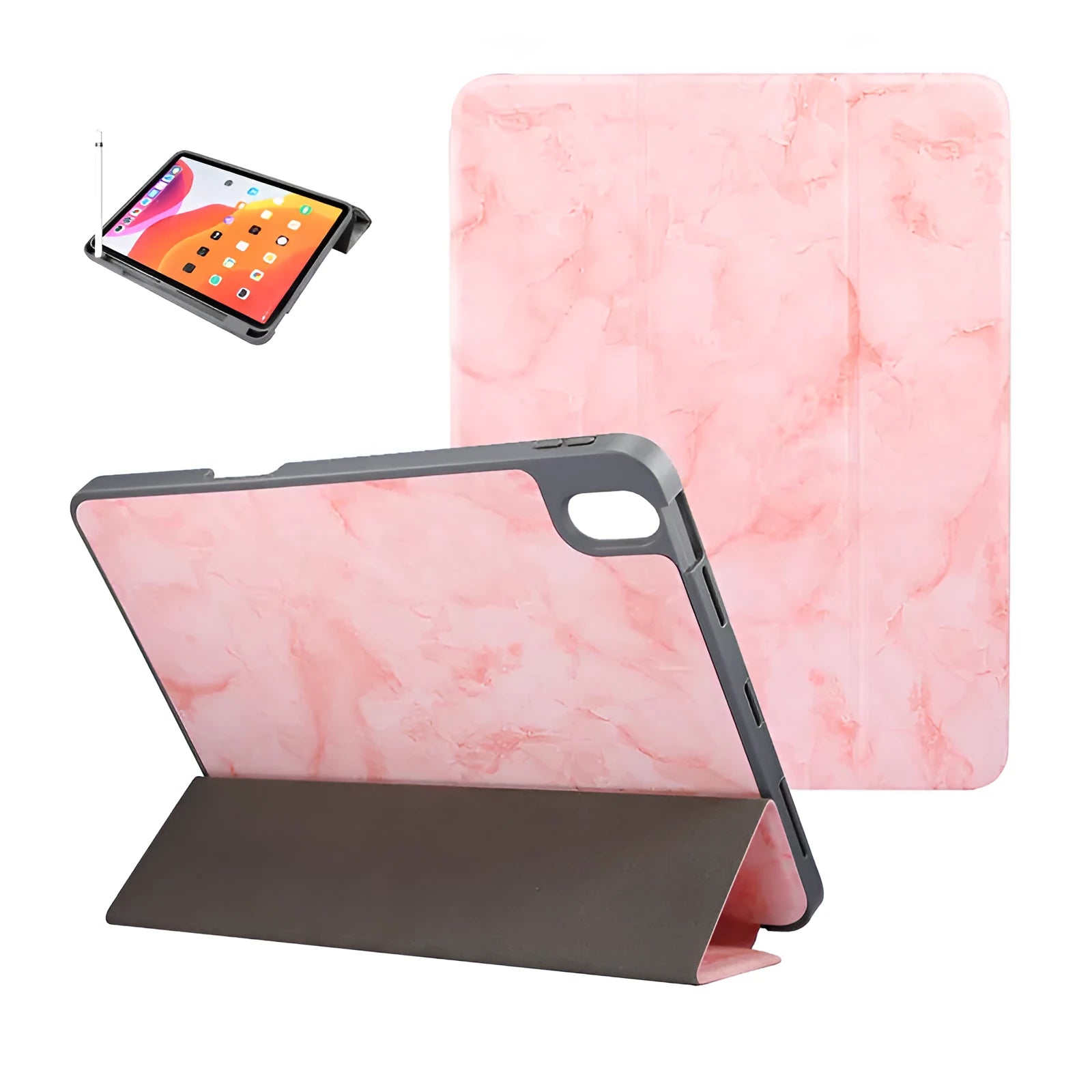 Imitation leather tri-fold iPad case in dark grey with marbling pattern, showing card slots and folded stand position.
