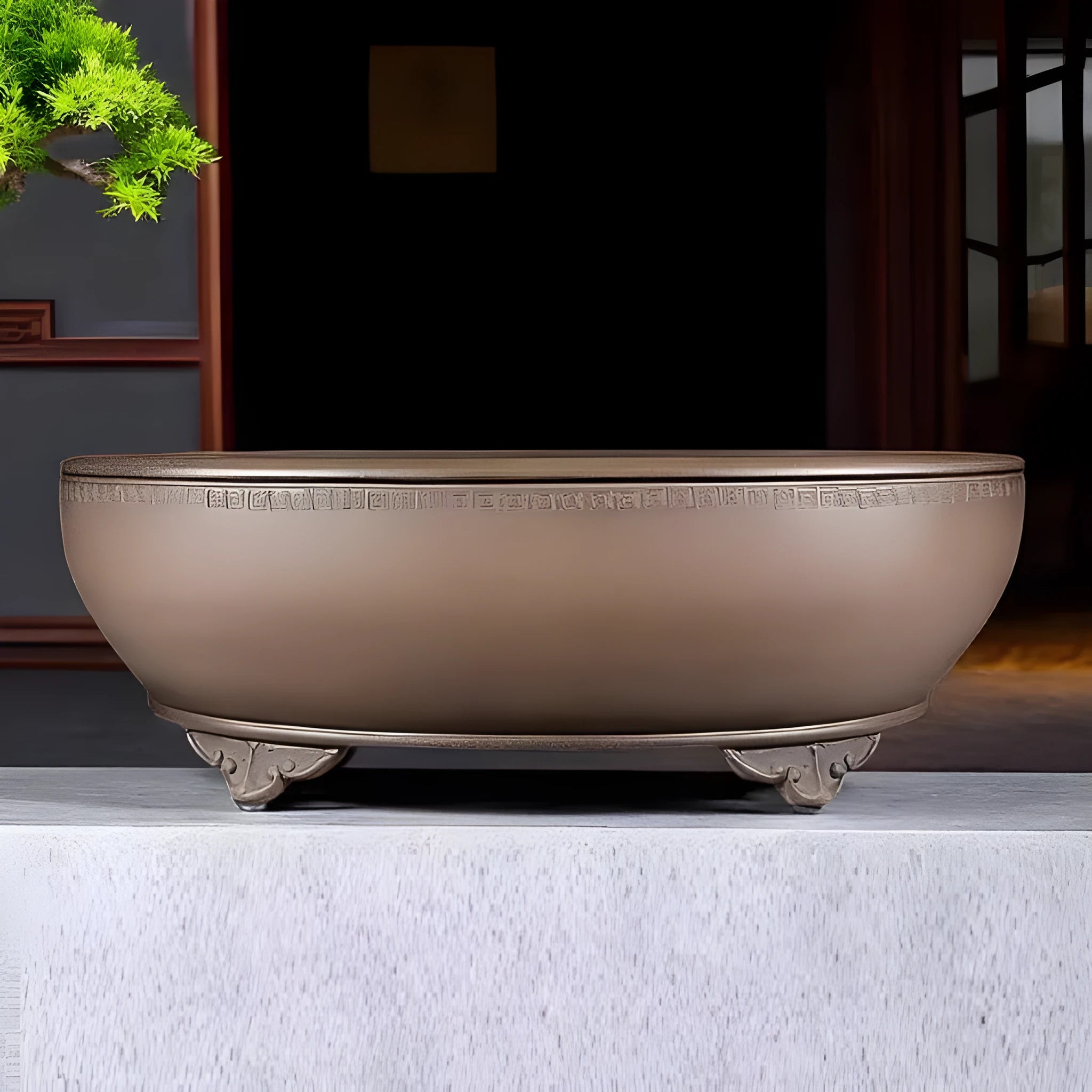 Handmade large oval purple sand flowerpot for plants on a desktop.