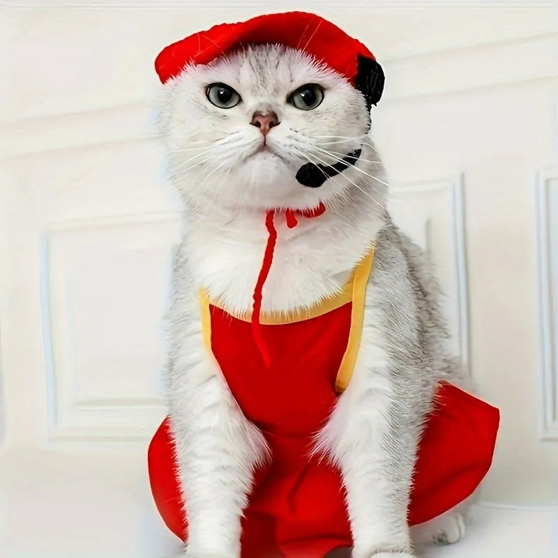 Handmade white cotton knitted sweater and red-trimmed chef hat for a small dog wearing the costume.